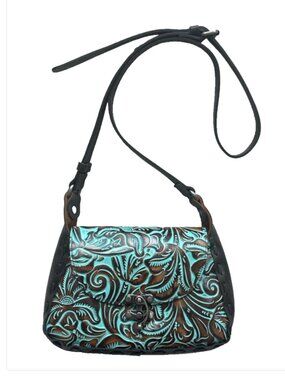 Patricia Nash Rose Tooled Lucia Floral Leather Crossbody Shoulder Bag Turquoise